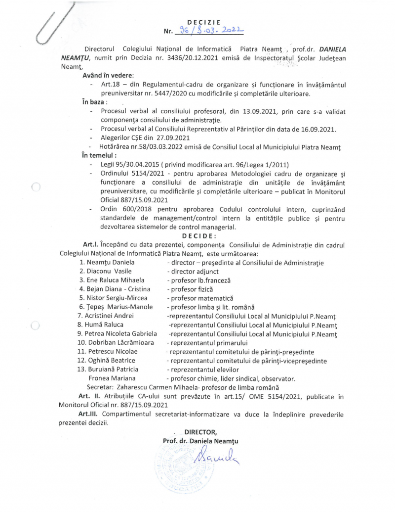 Decizie numire Consiliu de Administrație